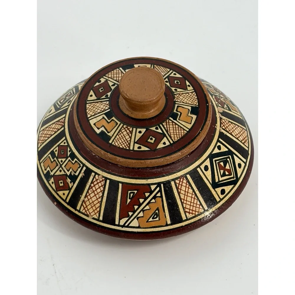 Vintage Peruvian Trinket Box Folk Art Red Clay Hand Painted Spice Jar Peru